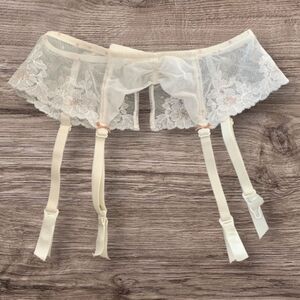 Vintage Lou Paris French Lace Polka Dot Garter Belt Ivory & Brown Bows Sz Small